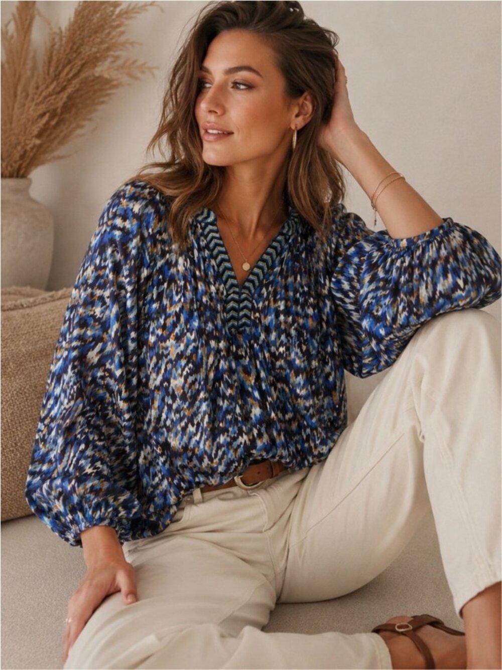 EsQualo Blue Abstract Print Metallic Detail Boho Blouse Plus Size 14